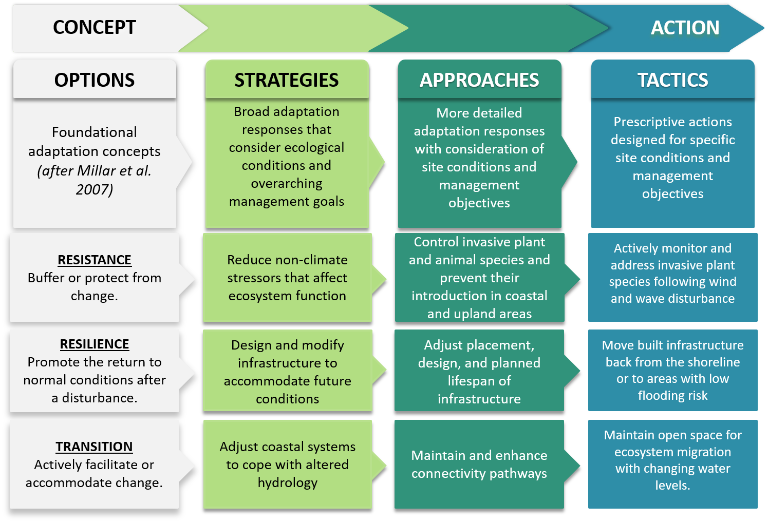 The freshwater coastal adaptation menu tiers adaptation concepts to strategies and more specific approaches for action. Natural Resources professionals devise custom adaptation tactics. 