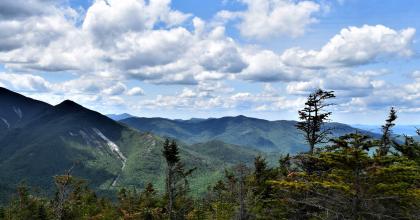 Scenic view of the Adirondack mountains with trees in the foreground