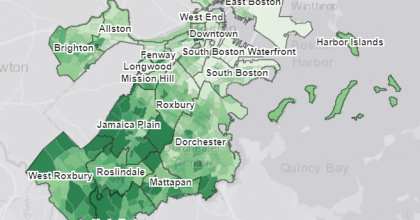 Satellite map overview of the City of Boston's tree canopy coverage