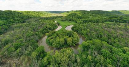 Photo by Samuel Li Aerial photo of forest and winding river by Samuel Li